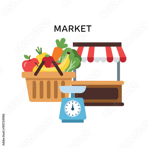 Fresh produce market stall with fruits vegetables scale clock shopping local