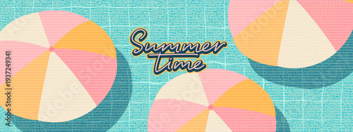 Swimming pool with colorful umblellas. Retro vector summer design. Fresh water, tiles. Summer time lettering. Vacation resort mood. 
