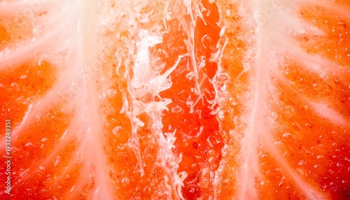 Macro of sliced strawberry showing juicy flesh and texture, vibrant red hue dominates the close-up view