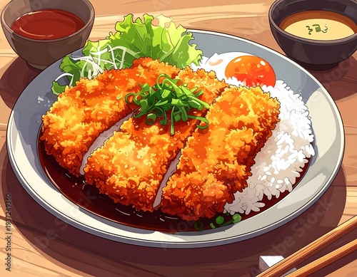 A plate of crispy fried chicken cutlet served with rice and vegetables