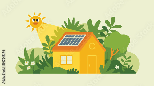 A flat, minimalist illustration of a house with solar panels, surrounded by lush greenery and a bright sun, symbolizing renewable energy and eco-friendly living