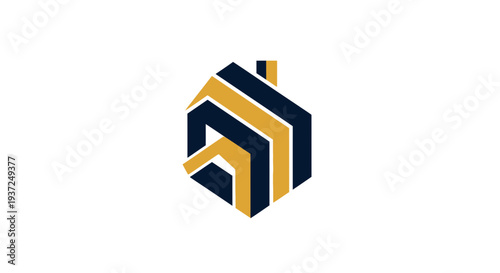 Abstract Geometric Home Logo Design in Navy Blue and Gold, Symbol of Real Estate