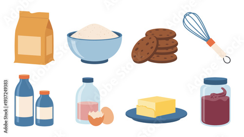 A flat, minimalist illustration of baking ingredients and tools, perfect for culinary websites and recipe blogs