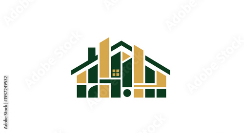 Abstract Geometric House Logo Design in Green and Gold Color Palette Minimalist Style
