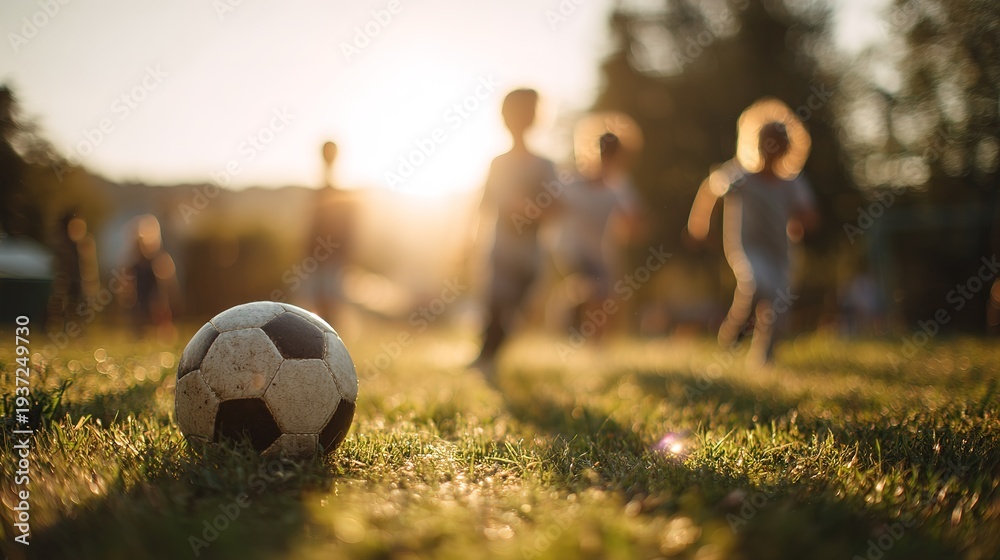 Obraz premium Group of happy children running towards soccer ball in sunlit field at sunset