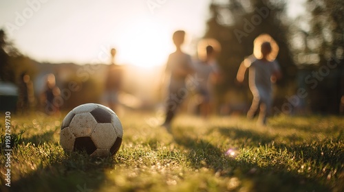 Group of happy children running towards soccer ball in sunlit field at sunset