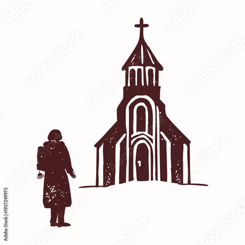 Woman with backpack and pilgrims shell on camino pilgrimage road. Simple black and white vector silhouette motif for christian travel, religious sanctuary concept and passport credencial for europe 