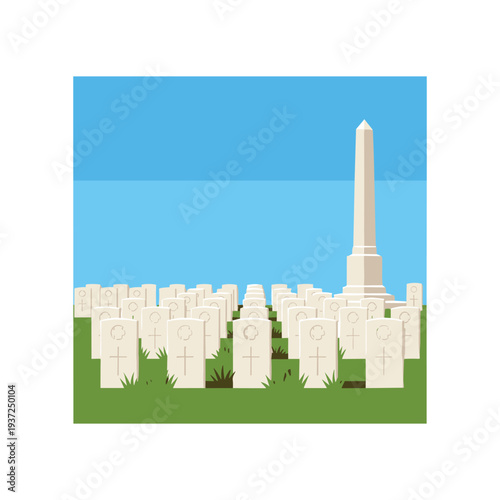White minimalist monument obelisk tower illustration on clear sky green field background