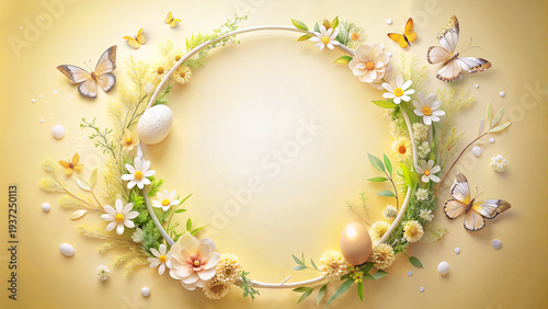 Easter wreath with flowers, butterflies, and eggs on yellow background  