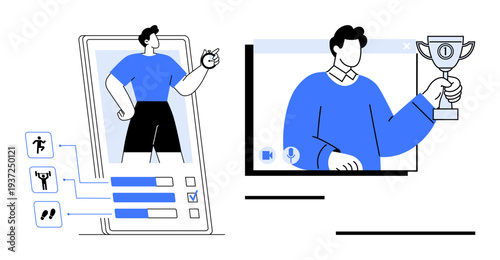 Fitness tracking app interface with workout stats and online celebration of achievement with a trophy. Ideal for technology, fitness, achievements, health apps, online success, goal-setting
