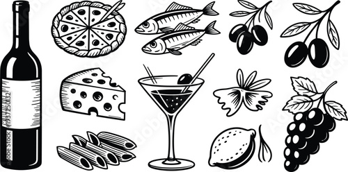 Hand Drawn Mediterranean Culinary Collection, Illustrative Vector Icons of Italian Food, Wine, Pasta, and Fresh Ingredients