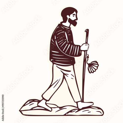 Biblical figure of saint james with pilgrims shell, staff, cloak walking on pilgrimage road. Hand drawn isolated vector icon for Santiago de Compostela sticker credencial passport symbol travel icon