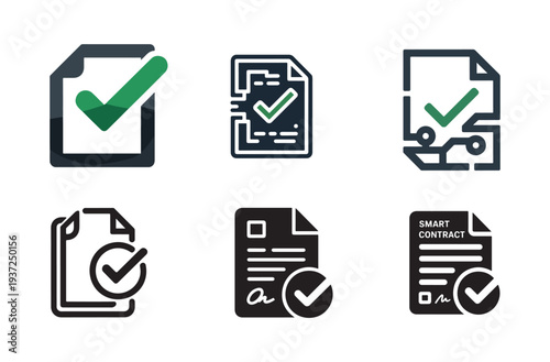 Set of six document icons with green and black check marks representing smart contracts digital agreements verified files and successful completion of electronic paperwork procedures