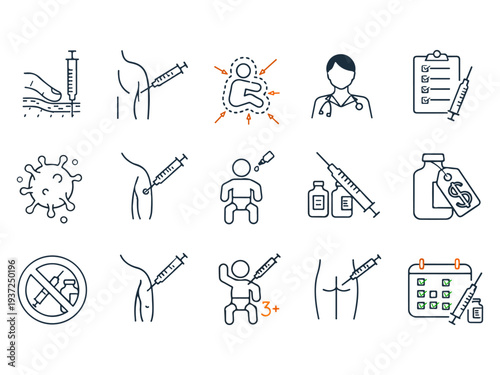 Medical Vaccination Icons Set – Immunization, Pediatric, Healthcare Vector Pack