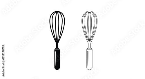 Two kitchen whisks displayed in contrasting black and white silhouette