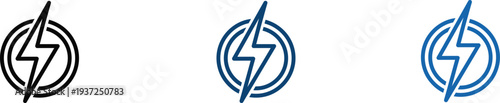 Three variations of a stylized lightning bolt logo with circular design elements