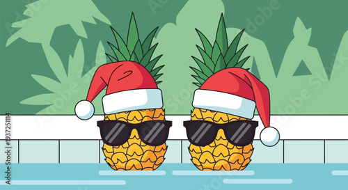 Two pineapples wearing santa hats and sunglasses in a swimming pool