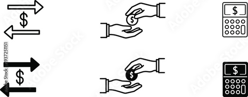 A set of six black and white icons depicting arrows and remote controls on a white background