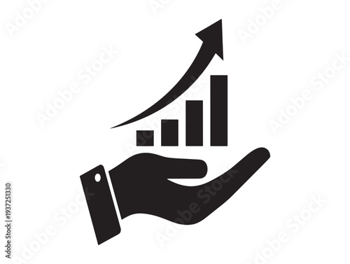 A hand holding a growing graph with an upward trend arrow