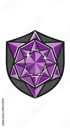 Abstract Geometric Purple Gemstone Shield Design With Brilliant Faceted Crystal Element