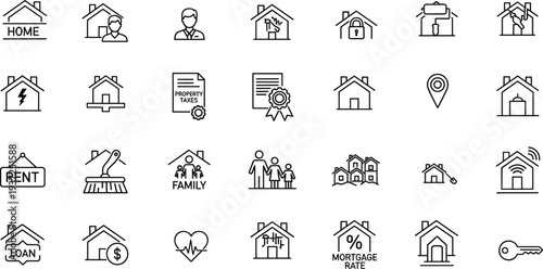 Real estate icons, housing symbols, property vector set, home ownership, rent, mortgage, realtor, family, taxes, loan, key, Wi-Fi, location, certificate, construction, finance, electricity, security