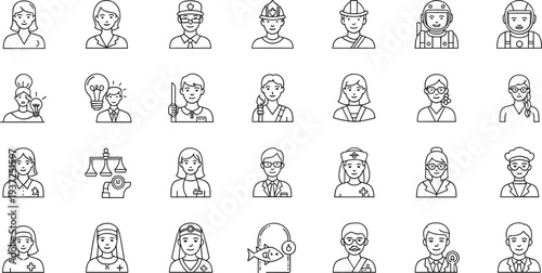 Profession icons, career symbols, doctor, nurse, police, firefighter, scientist, teacher, judge, astronaut, construction, fishing, justice, education, roles