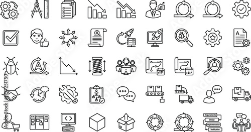 Project management icons, agile methodology symbols, software development graphics, business process visuals, planning tools, coding, testing, deployment, communication, analysis