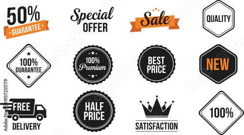Promotional badges, marketing labels, sale icons, guarantee stickers, discount tags, quality signs, offer symbols, product highlights, retail graphics, ecommerce elements