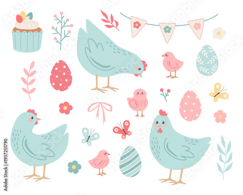 Easter set with chickens, chicks, eggs, butterflies, floral in flat style. Vector spring illustrations in pink and blue pastel colors