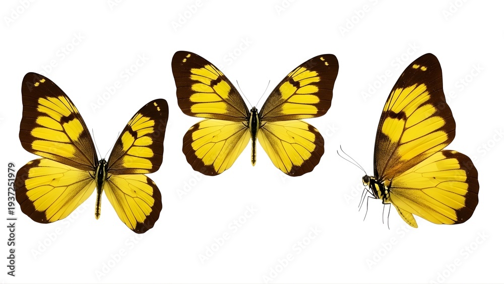 Fototapeta premium Three beautiful yellow and brown butterflies on transparent background