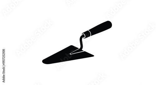 A black trowel tool illustration against a white background silhouette
