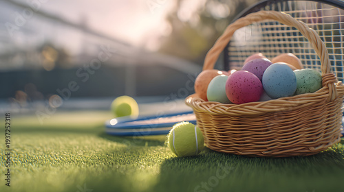 Easter basket with colorful eggs on spring grass at a tennis court, racket and ball nearby, warm morning sunlight, bright seasonal sports scene.