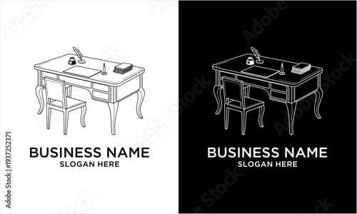 Elegant Vintage Desk and Chair Line Art Logo Design.