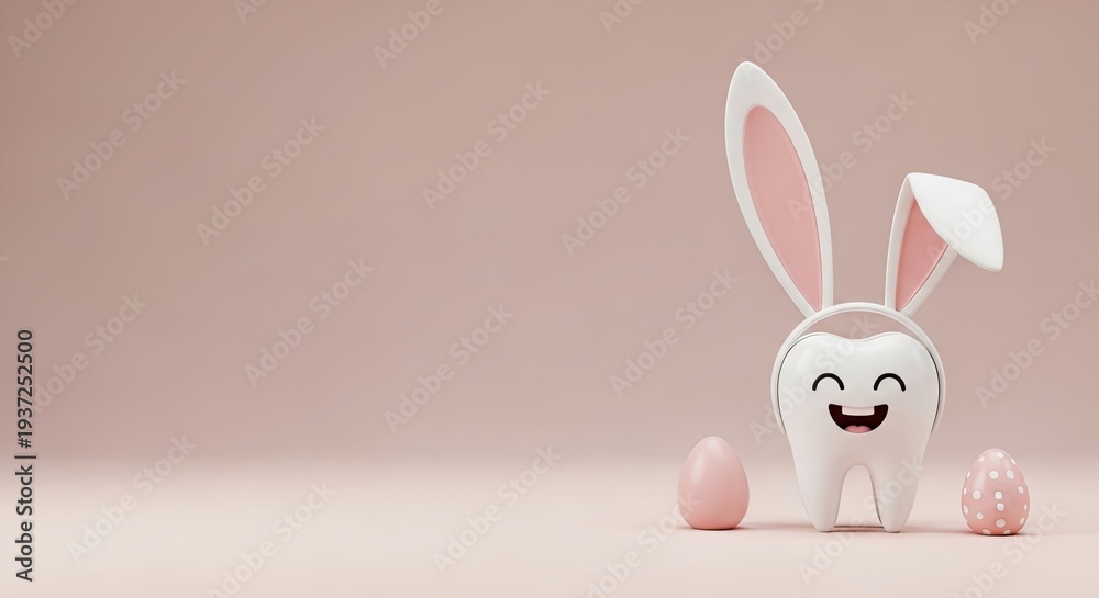 Obraz premium Cute smiling tooth character as easter bunny with headphones and colorful eggs. Fun dental hygiene concept for easter holiday celebration and oral health awareness