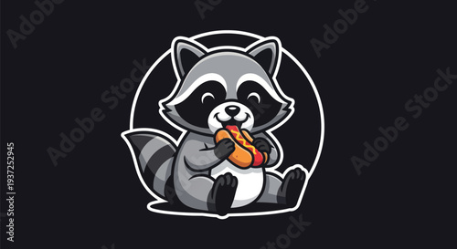 Cartoon raccoon enjoying a hot dog