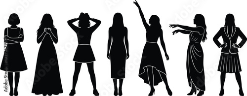 Women silhouette collection standing female figures in different poses elegant lady character outline fashion people vector illustration set
