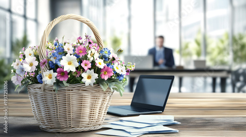 Basket full of spring flowers on the business office desk with laptops, papers and businessmen in the background. Concept of spring coming in business environment.