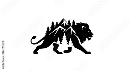 Lion and mountain landscape silhouette