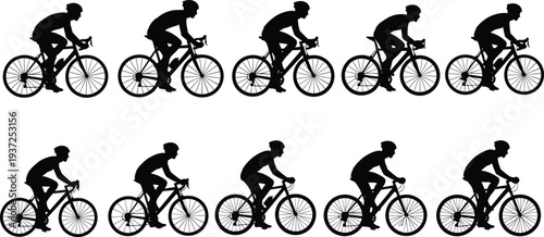 Set of professional road cyclist silhouettes riding bicycles in various racing and training poses isolated on white background for design