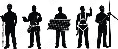Silhouette Set of Renewable Energy Engineers and Technicians with Solar Panel Wind Turbine Industrial Workers Vector Illustration Collection
