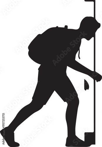 Silhouette of a Man with Backpack Stepping Through a Minimalist Doorway Transition Concept