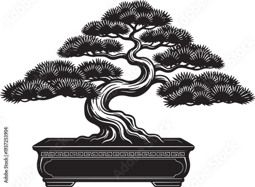 Black and white bonsai tree vector illustration in ornate pot