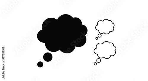 Black thought bubble dominates white speech bubbles simple design silhouette