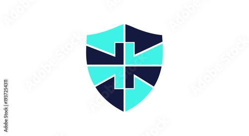Abstract Medical Shield Icon Featuring a Cross Shape in Teal and Dark Blue Colors