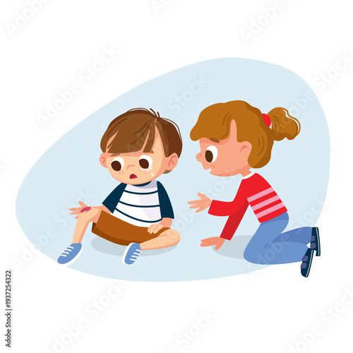 A boy is sitting and crying; he has an injured leg, scraped knee. A girl is comforting the boy who fell and hurt his leg. First aid.