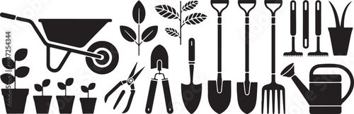 A collection of gardening tools and plants in black silhouette on white background
