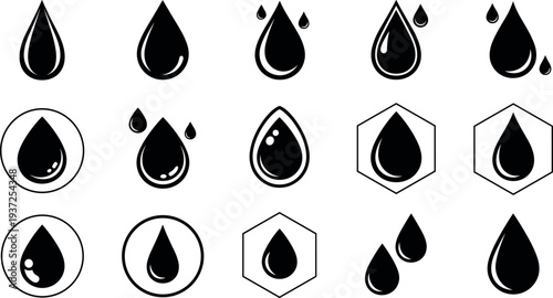 Black water drop icons collection set, liquid droplet symbols, oil drop shapes, minimal vector illustration isolated