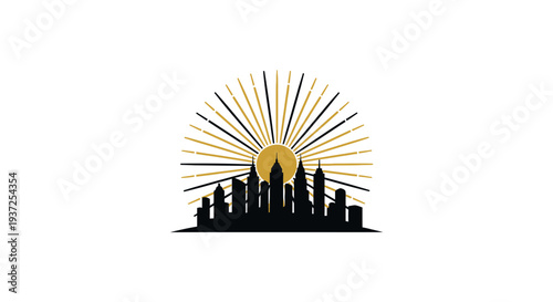 Abstract Metropolis Silhouetted Against a Golden Sunburst, Cityscape Graphic Design