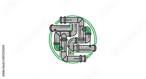 Abstract Plumbing System Arrangement With Green Circle And White Background