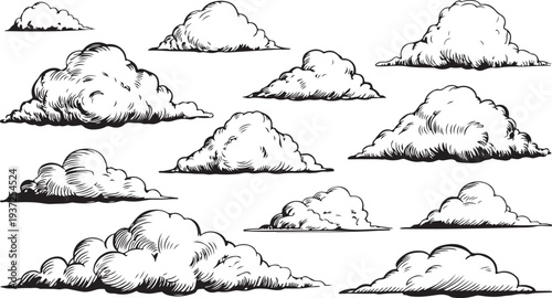 A collection of various cartoon style clouds in black and white for design use